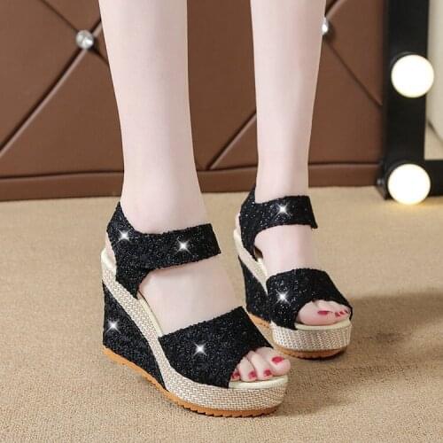 Clogs Wedge 2021 Summer Lace Denim Womens Black Platform Sandals High Heels Female Shoe Open Toe Espadrilles Comfort High-heele