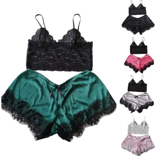 One Size Women Lace Floral See-through Camis Tank Tops+Silk Satin Shorts Ladies Homewear Pajama Sets Casual Clothes sets