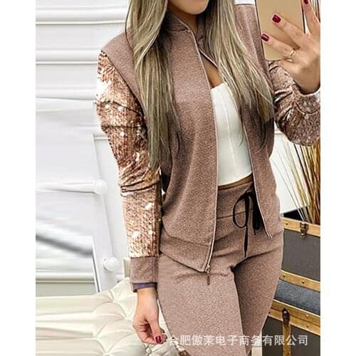 AYES Patchwork Sequin Womens Tracksuit Zipper Long Sleeve Coat Drawstring Pants Female Sports Sets 2021 New Fashion Ladies Suit