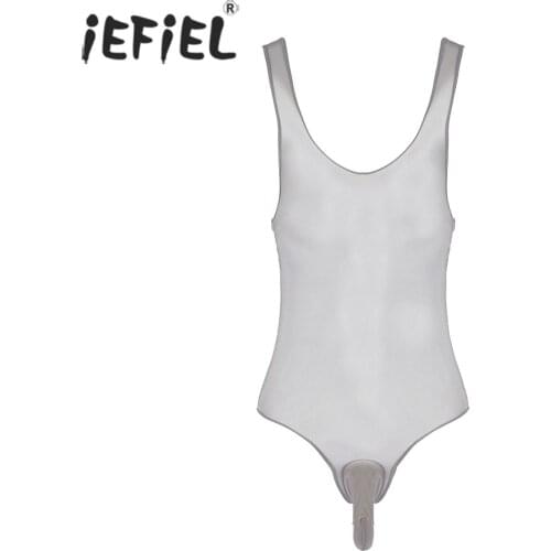 Women/Men Sexy Sheath Bodysuit Sheer Sleeveless Crop Top with Bulge Pouch T-back Briefs Exotic Teddies for Lingerie Party Wear