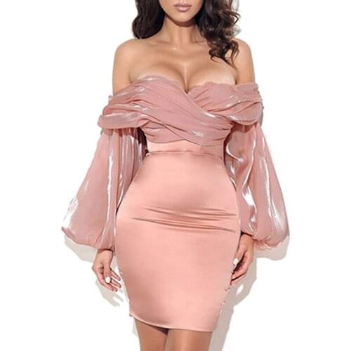 2021 Summer New Strapless Lantern Sleeves Gauze Celebrity Dresses Lady Short Pink Off The Shoulder Wrap Hip Prom Party Vestidos