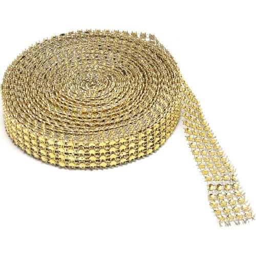 4 Rows (0.8inch Wide) Gold Diamante Diamond Effect Rhinestone Mesh Bling Ribbon Trimming Wedding Birthday Cake Accents Deco