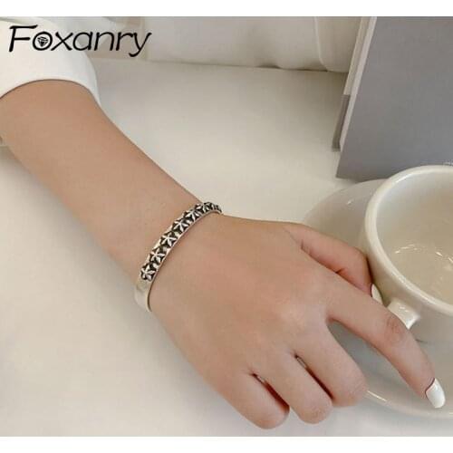 Foxanry Adjustable 925 Sterling Silver Bracelets for Women New Trendy Elegant Vintage Flower Pattern Party Jewelry Birthday Gift