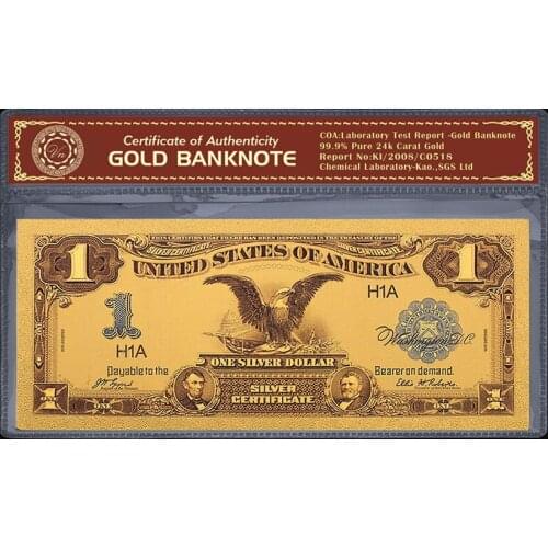 1899 USD Money One Dollar Colored Gold Banknote 24K Gold Foil Fake Paper Money Bill for Home Decoration Collection Pack of 2pc