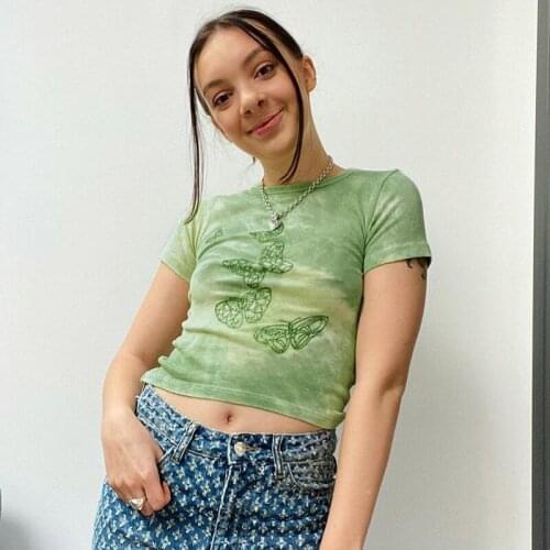 Green Tie Dye Y2K T-Shirt Women Butterfly Pattern Kawaii Graphic T Shirts Round Neck Short Sleeve Basic Baby Tee Shirt