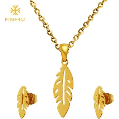 FINE4U N102 Leaf Necklace Earrings Sets 316L Stainless Steel Jewelry Sets For Women 2019 Fashion Bridal Jewelry Sets
