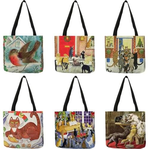 Colorful Pencil Drawing Cat Birds Painting Womens Casual Fashion Bag Handbag Daily Use Shopping Bags Tote For Groceries B13160