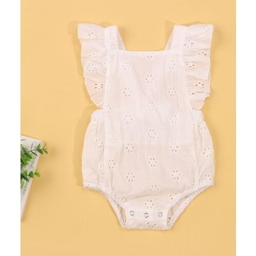 Summer Toddlers Baby Girls Sweet Style Bodysuit Creative Hollow Fly Sleeve Backless Knotted White Jumpsuit