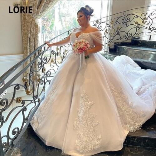 LORIE Plus Size Wedding Dresses Cap Sleeves Appliques Lace White Ivory Wedding Gowns Custom Made Backless Bridal Dress 2021