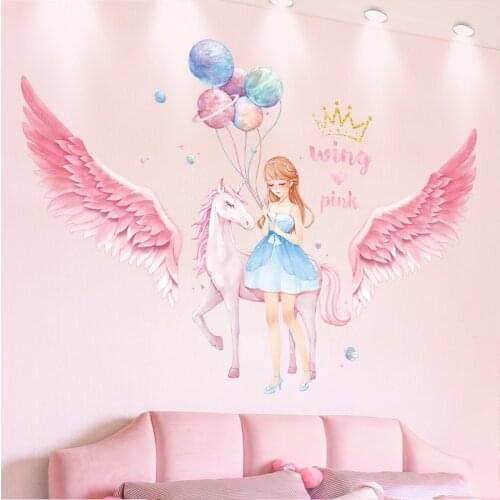 Romantic Pink Wings Unicorn Girl Wall Stickers for Girls Bedroom Kids rooms Wall Decor Cartoon Planet Balloon Wall Decals Murals