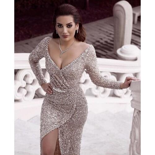 Sexy Long Sleeve Evening Dresses Sparkling Diamond Beaded Sequin V Neck Split Dubai Formal Carpet Party Celebrity Prom Gown 2021