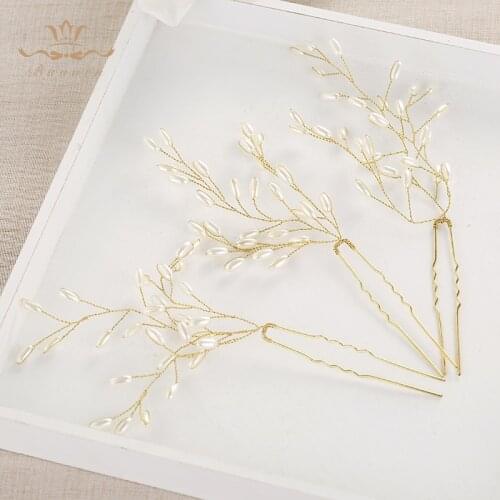 Elegant 3 pics/lot Handmade Pearls Brides Hairpins Gold Bridal Hair Clips Handmade Wedding Hair Accessories Prom Jewelry