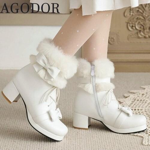 AGODOR Women Lolita Ankle Boots with Fur Block Heel Booties Bow Knot Fashion Platform Winter Boots White Cosplay Shoes