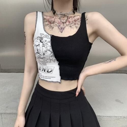Y2K Women Gothic Tank Tops Black White Patchwork Crop Top Streetwear Punk Bodycon Funny Print Tanks Harajuku Sexy Basic T-Shirt