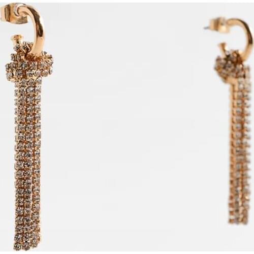 ZA Vintage Long Gold Rhinestone Fringe Drop Earrings For Women New Luxury Statement Crystal Earring Jewelry Gifts