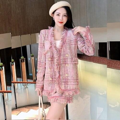 Womens Winter Suits Retro Chic Pink V-Neck Woolen Tassel Coat + Half Skirt Two-Piece Sets Female