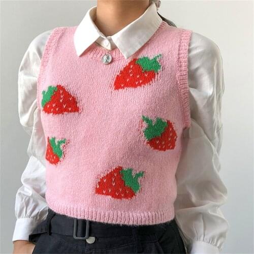 Y2K Women Strawberry Print Cropped Top Sleeveless O-Neck Vest College Style Retro Sweater Fall Winter Retro Knit Cropped Top