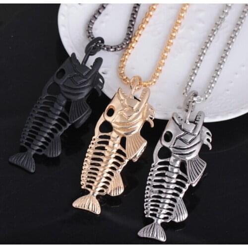 Punk Style Statement Fish Bone Pendant Necklaces Women Men Hip Hop Jewelry Fashion Gold Silver Color Black Long Chain Necklace