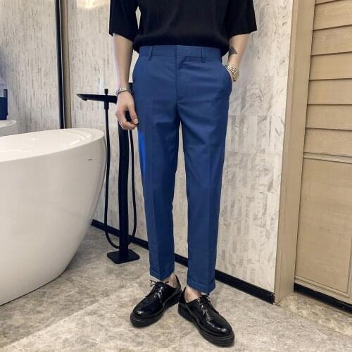 2021 Fashion Solid Color Men Suit Pants Office Social Business Dress Pants Ankle Length Casual Slim Wedding Trousers Streetwear