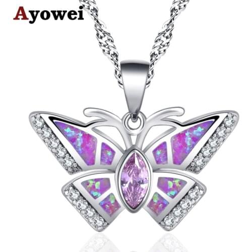 Ayowei Real butterfly pink fire opal silver stamped for fashion jewelry necklace pendant for girl OP817A
