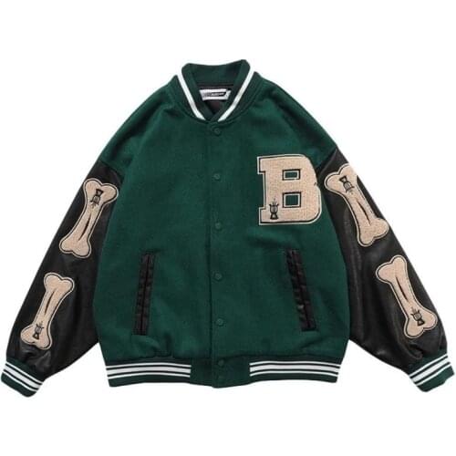 Street Baseball Jacket Men Bone Patch Spring Autumn Hip Hop Vintage Varsity Jacket Women Patchwork College Loose Coat Unisex