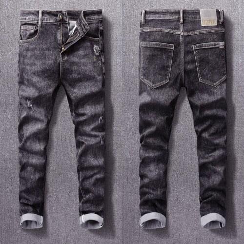 Korean Fashion Men Jeans High Quality Retro Black Gray Elastic Slim Fit Ripped Jeans Men Embroidery Designer Casual Denim Pants