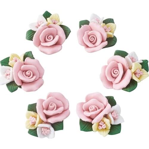 50pc Handmade Porcelain Cabochons China Clay Beads Flower Beads For DIY Jewelry Accessories Supplies Pink Red 21-24x22-23.5x12mm