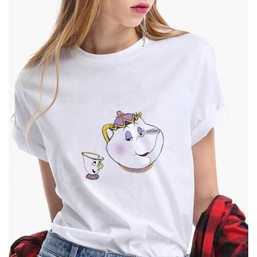 Fashion Women T Shirt Summer Short Sleeve Casual White Tshirts Mrs.Potts Beauty and The Beast Print Harajuku Disney T-shirts