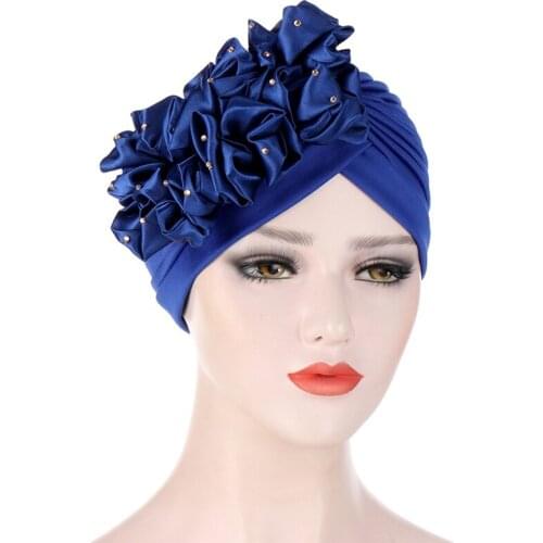 Imixlot Fashion Charm Big Flower Turban Muslim Cap Women Wrinkle Pleated Wrap Head Cover Chemo Beanies Hat Accessories