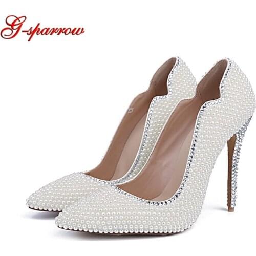 2019 Summer White Pearl Pointy Toe Wedding Banquet Party Shoes 4 Inches Thin Heel Bride Shoes Women Fashion Party Prom Pumps
