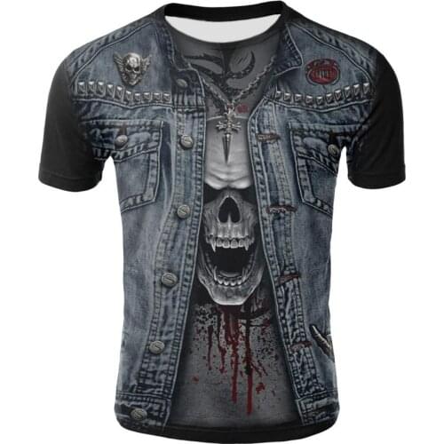 2019 summer clothing male / female T-shirt fake denim fake two pieces 3D printing fashion casual T-shirt round neck 3D printing