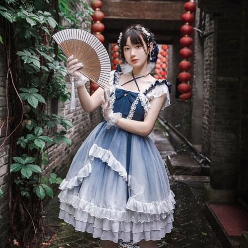 Sweet lolita strap dress vintage falbala lace bowknot high waist princess victorian dress kawaii girl gothic lolita cos loli