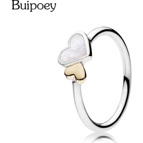 Buipoey Fashion Bright Love Heart Rings For Women Original Two-color Ring Fit Friend Family Couple Engagement wedding Jewelry