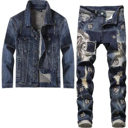 Chic Mens Denim Jacket Jeans Pants 2pcs Set Holes Embroidery Casual Clothing C5