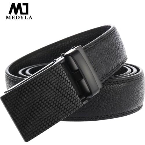 MEDYLA Classical Automatic Buckle 100% Good Quality Cowskin Genuine Luxury Leather Mens Belts 110-130cm Luxury Belts 3.0 width