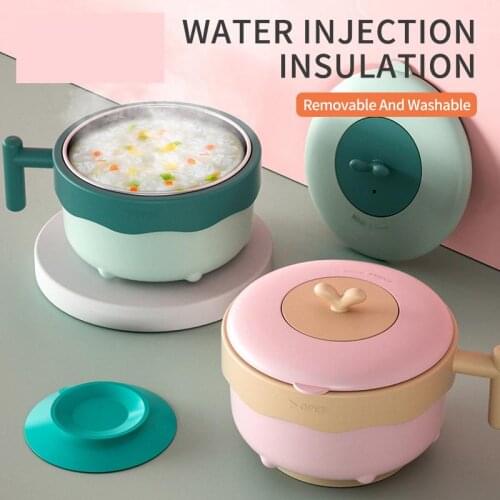 6Pcs Kid Tableware Set Food Warm Injection Hot Water Insulation Kids Dishes Stainless Steel Baby Sucker Feeding Bowl Plate Cute