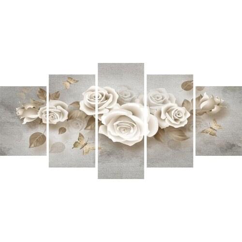 5Plane Abstract White Flower Canvas Painting Combined Abstract Red Poppy Posters and Prints Wall Art Picture For Living Room