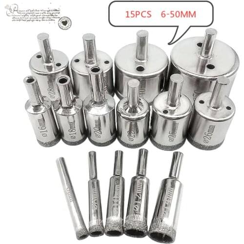 15pcs Diamond Coated Drill Bit Set Tile Marble Glass Ceramic Hole Saw Drilling Bits For Power Tools 6mm-50mm