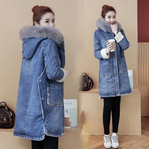 Women Winter Cowboy Coat Mid-Long Hooded Lamb Hair Lined Thicken Keep Warm Denim Coats Ladies Jeans Casual Outerwear Parkas