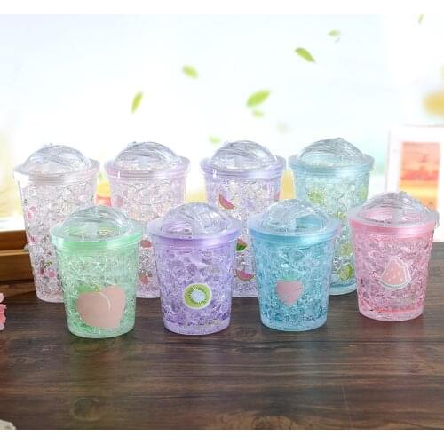 Plastic cup creative double straw cup lovely push-cover cartoon broken ice cup summer fashion cup fruit cup