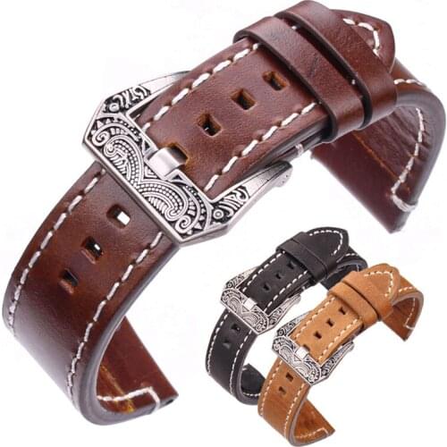 HENGRC Genuine Cow Leather Vintage Watchbands Black Dark Brown Greased Leather Watch Band Strap With Stainless Steel Buckle