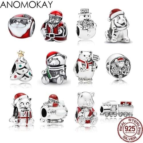 Anomokay Classic Mix Style 100% Sterling 925 Silver Christmas Series Charms for Bracelets Necklace S925 Red Enamel Xmas Bead