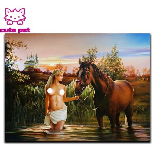 Cute pet DIY handmade diamond Sexy woman and horse cross stitch Mosaic home decorative art painting wallpaper Diamond Embroidery