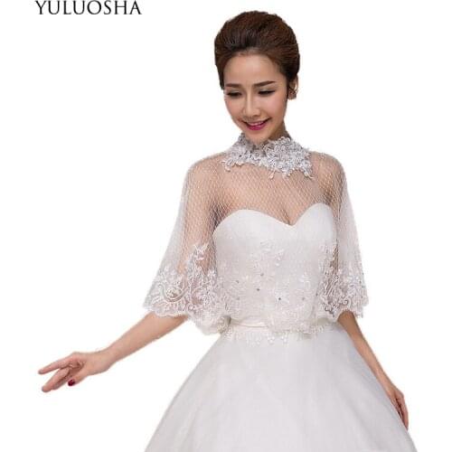 YULUOSHA Wedding Cape In Lace Flora Embroidery Grid Bolero Women Jacket Mesh Sheer Soft Wedding Accessories Bridal Shawls