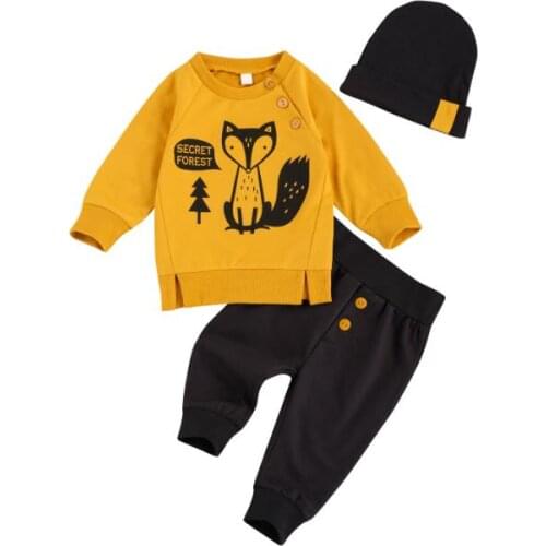 Spring Children Baby Long Sleeves Long Pants Suit Newborn Boys Fox Printed Clothes Set Outfits with Hat Boys Clothing 3pcs