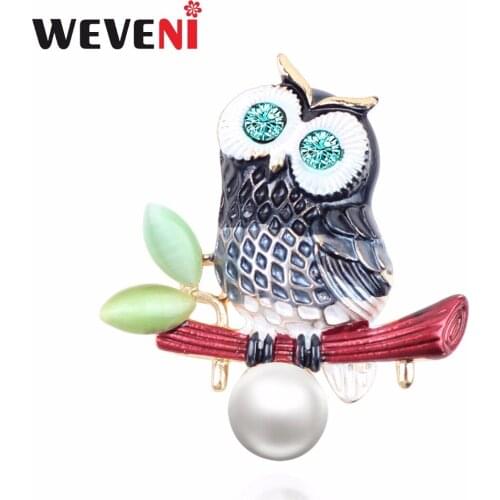 WEVENI Enamel Alloy Lovely Owl Brooch Opal Pearl Rhinestone Pin For Women Teens Clothes Scarf Decoration Fashion Ladies Jewelry