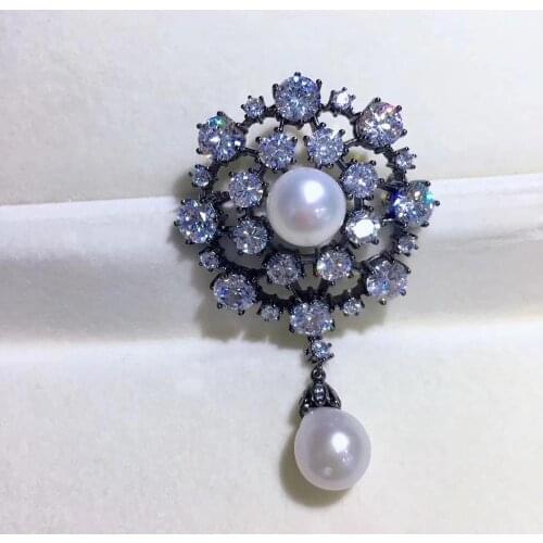 Vintage natural fresh water pearl brooch flower 925 sterling silver with cubic zircon fine women jewelry free shipping
