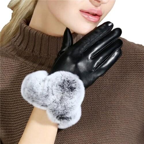 Genuine Leather Gloves Women Fashion Elegance Wrist Rabbit Hair Sheepskin Glove Warm Winter For Party Driving Top Quality