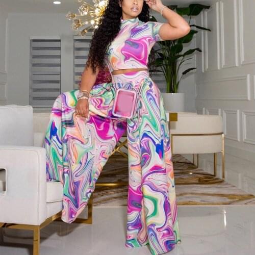 Women Sexy Two Pieces Pants Sets 2021 Summer Printed Crop Tops & Wide Leg Trousers High Waisted Fashion Elegant Outfits Sets Hot