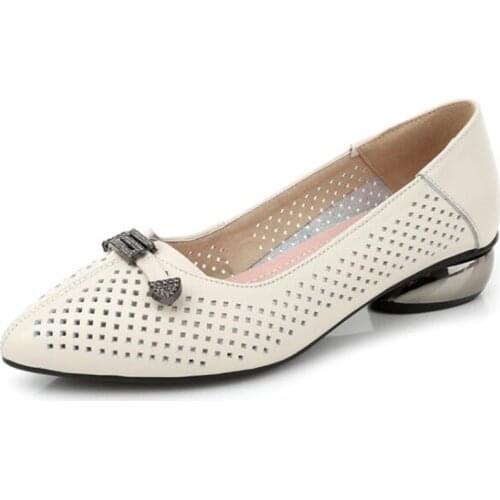 2020 New Spring Summer Rhinestone Bow Genuine Leather Shoes Fashion Elegant Hollow Pointed Shoes Women Low-heel Shoes Large Size